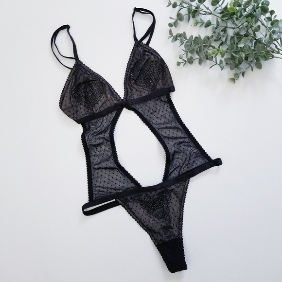 VICTORIA'S SECRET Very Sexy Black Mesh Heart Rhinestones Teddy Size Small - Picture 5 of 16
